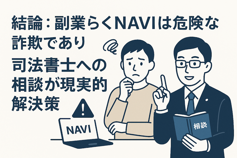 結論：副業らくNAVIは危険な詐欺であり、司法書士への相談が現実的な解決策